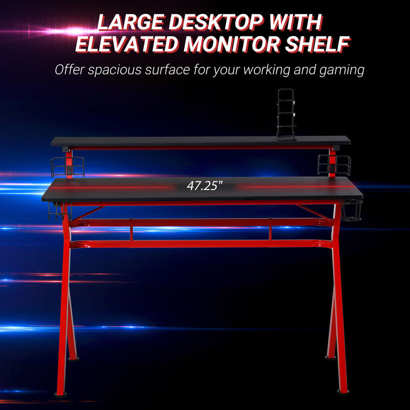 E-Sports X Bar Frame Metal PC Gamer Desk with Elevated Shelf, & Controller Rack