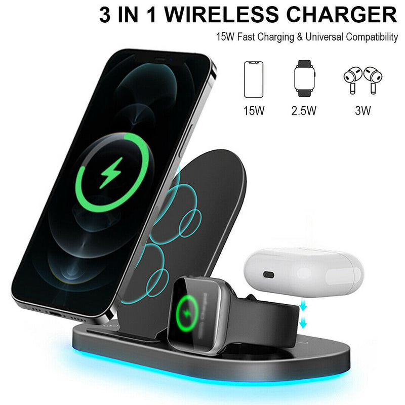 3 IN 1 Wireless Charging Station Qi 15W for iPhone 12/11/Xs/XR/8,iWatch SE/6/5/4