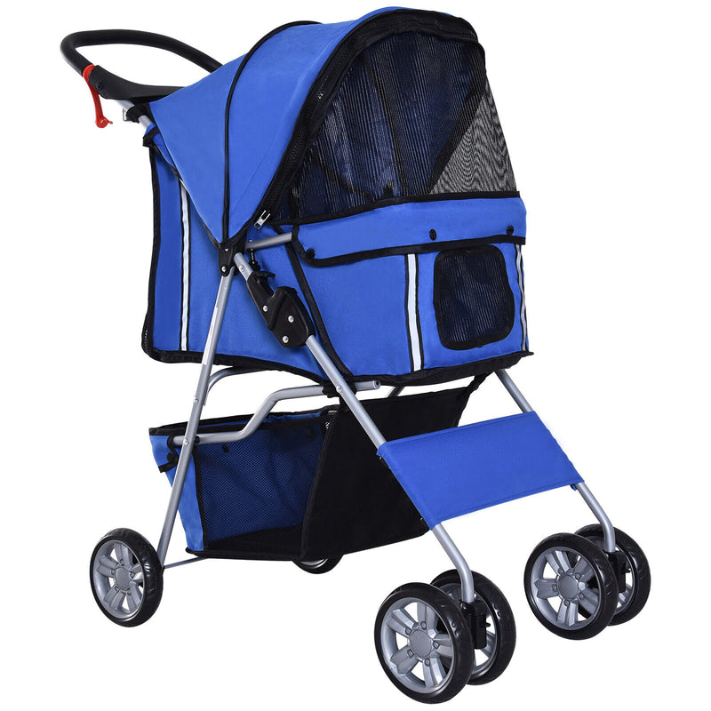 4 Wheel Pet Stroller Cat Dog Jogger Folding Sunshade Canopy Blue