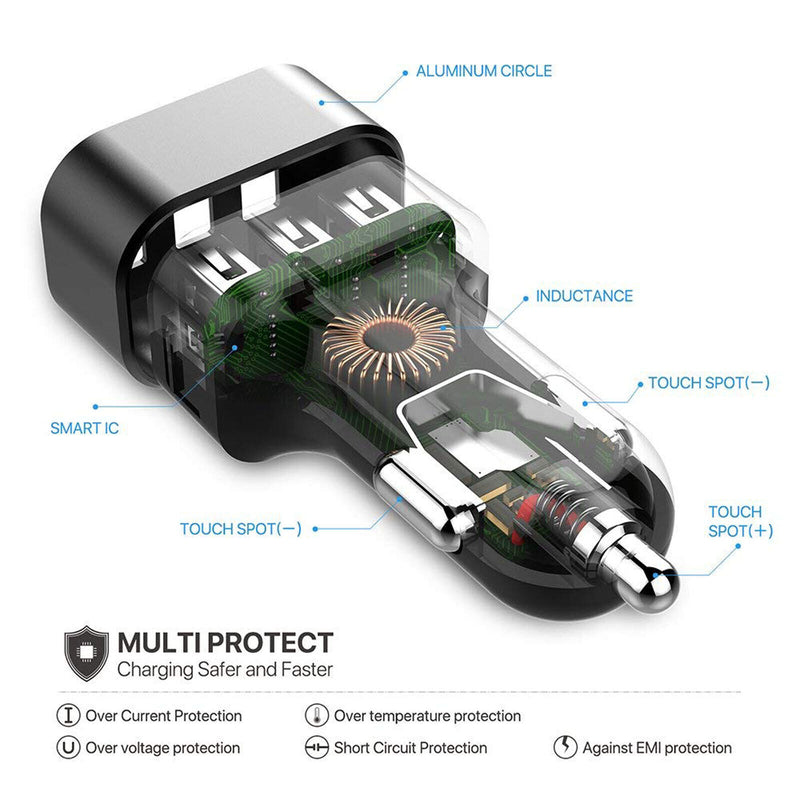 3-Port USB Car Charger Adapter QC 3.0 Fast Charging (Dual USB-A + USB-C Port)