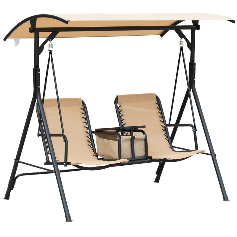 2 Person Steel Outdoor Porch Swing Chair Patio Bench w/ Storage Canopy, Beige