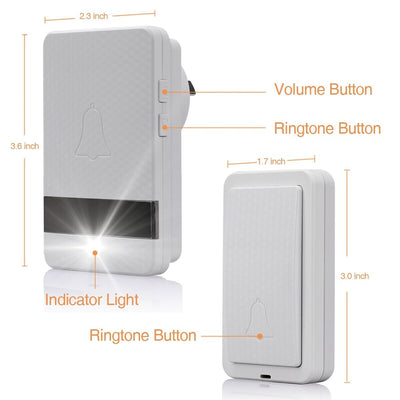Wireless Doorbell Battery Free Operated 1 Remote Button+2 Plug in Receiver White