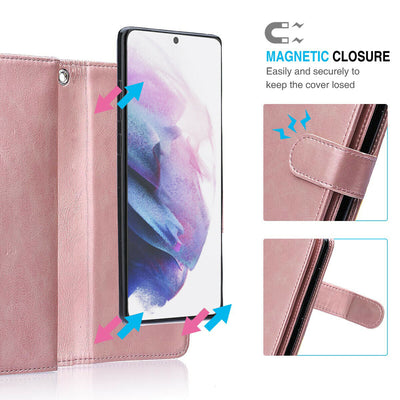 Rose Gold Luxury Detachable Leather Wallet Case w/Strap for Galaxy S21 S21+ S21U