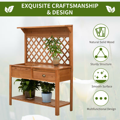 Garden Potting Bench Table Outdoor Wooden Workstation w/ Metal Screen, Drawer