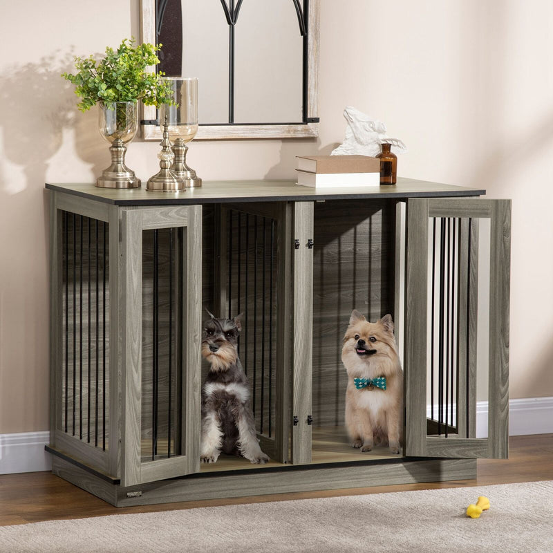 Dog Crate Furniture Side Table W/ Divider Panel 2 Front Doors Double Locks