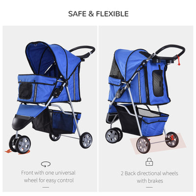 3 Wheels Folding Dog Pet Stroller Travel Carrier W/ Brake & Canopy