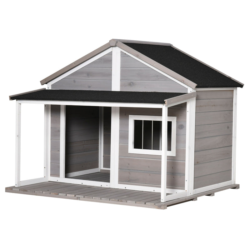 Outdoor Wooden Raised Cabin Dog House w/ Porch, Medium/Large, 53 Lbs., Grey