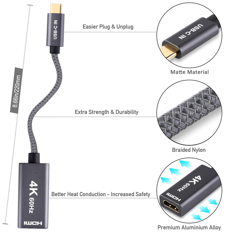 For MacBook Pro/iPad Pro 4K/60Hz USB C to HDMI 2.0 Female Adapter&HDMI 2.0 Cable