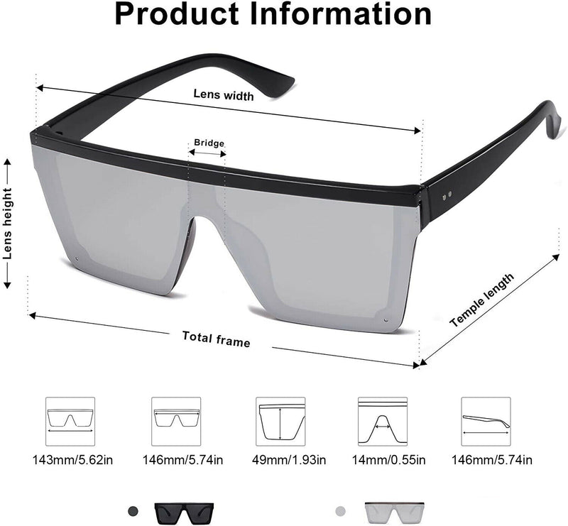 Fashion Oversized Flat Top Shield Sunglasses Square Rimless with HD Lenses& Case