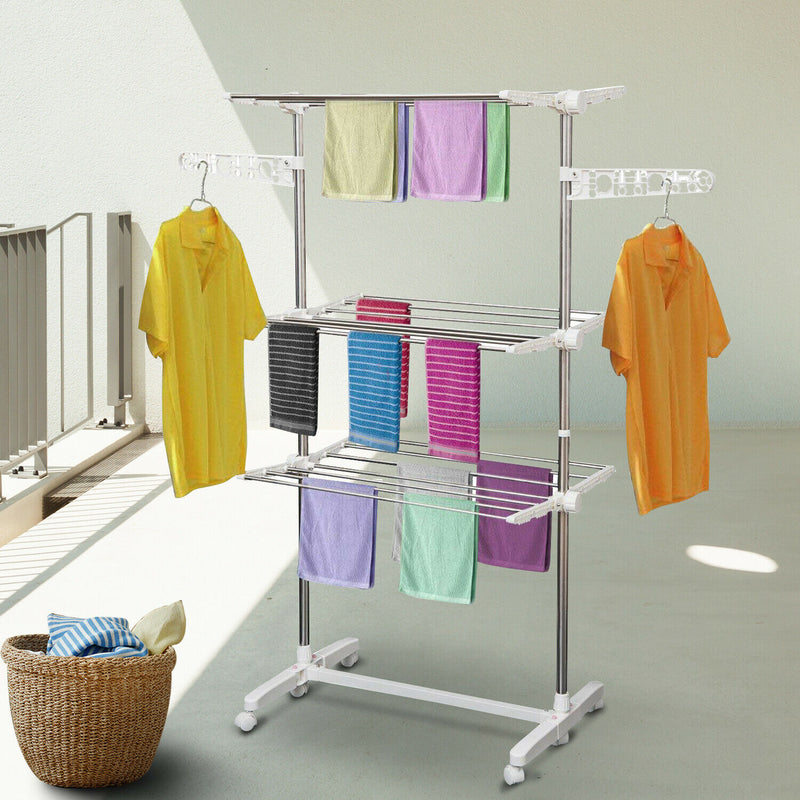 3 Tier Clothes Drying Rack Rolling Laundry Hanger Stand Indoor Outdoor