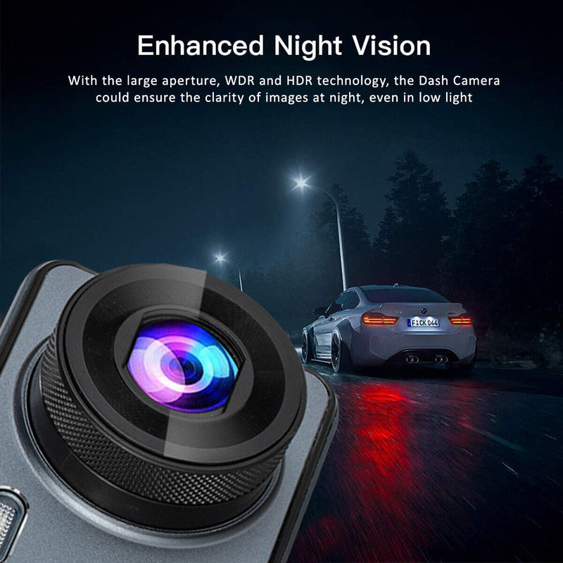 1296P Full HD Dual Dashcam with Night Vision 140°Wide Angle 4" HD Screen for Car
