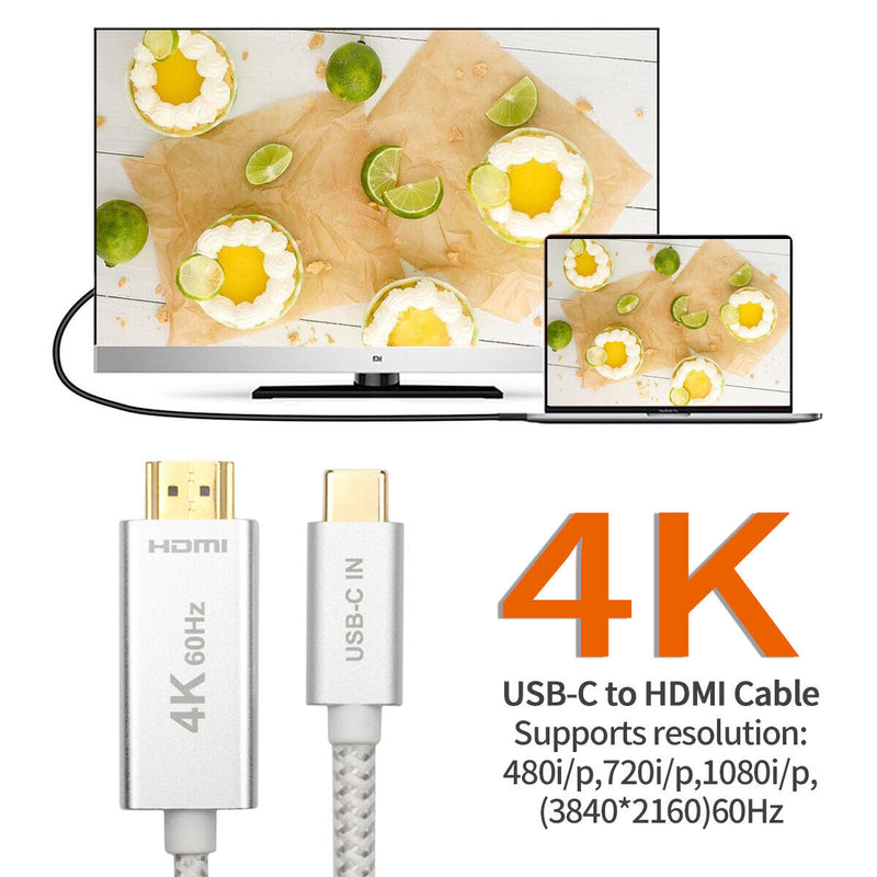 6ft Braided 4K@60Hz USB C to HDMI Cable Adapter(Thunderbolt 3 Compatible) Silver