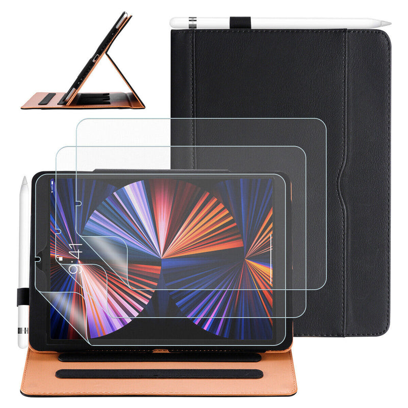 Leather Folio Smart Stand Case & Tempered Glass for iPad Pro 11 (2018 2020 2021)