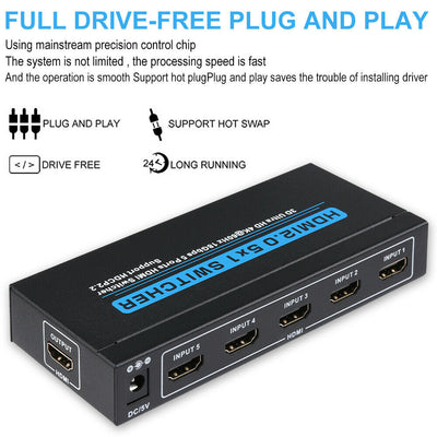 [Plug & Play] 5 In 1 Out HDMI Switcher with IR Remote Support 4K 60hz, 2K, 1080P