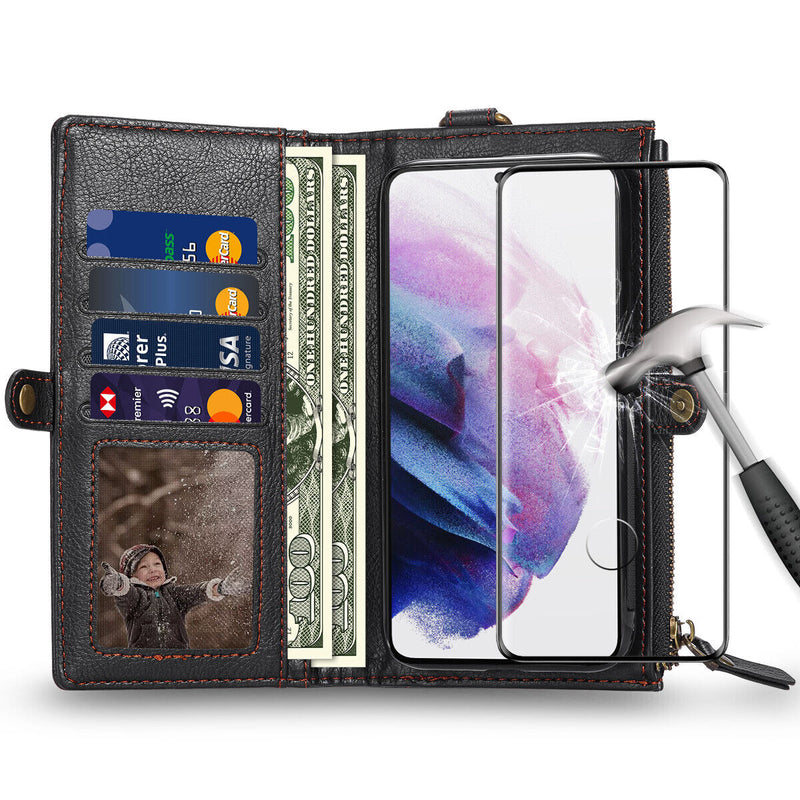 Galaxy S21+ Plus 5G 6.7inch Removable Leather Wallet Case & HD Clear Glass Film