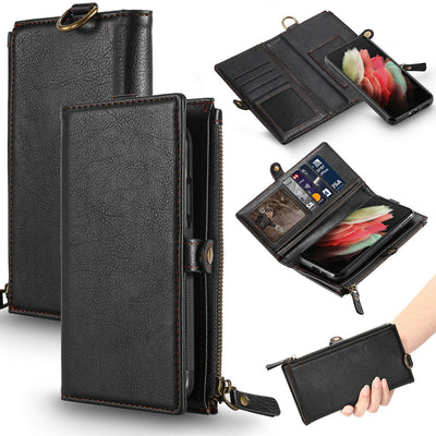 For Galaxy S21 S21+ S21U Detachable Leather Wallet Case with Card Slots & Zipper