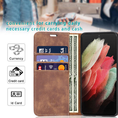 [Card Slot] Luxury Leather Wallet Case & 2xTempered Glass Films for Galaxy S21+