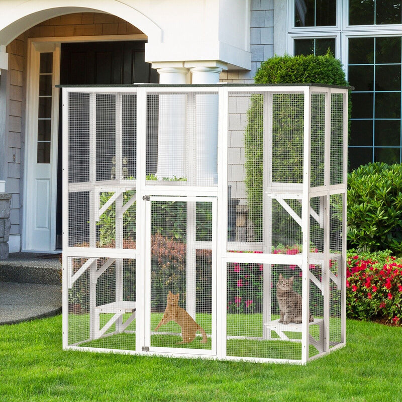 Outdoor Cat House with Weather Protection, Multiple High Ledges, 71&quot; L, White 196393161395