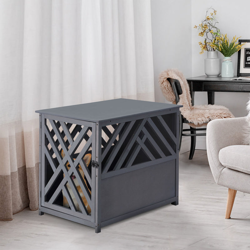 Furniture Style Wood Dog Crate End Table Indoor Use w/ Lockable Door, Grey