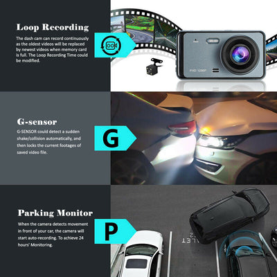 Wide Angle HDR with 4.0" LCD Display Night Vision Dash Cam Front and Rear 1296P