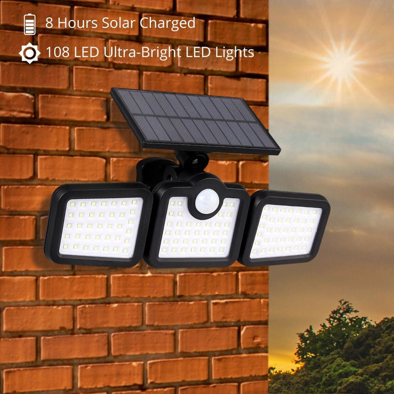 3 Heads Adjustable 108 LED Solar Wall Lights Outdoor 108 LED for Yard Garage CA