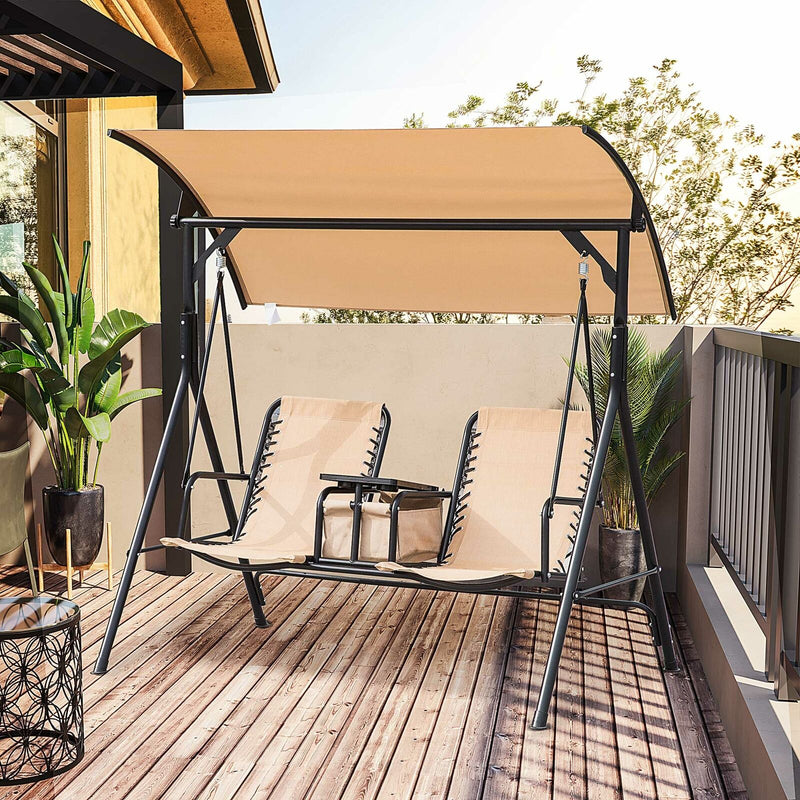 2 Person Steel Outdoor Porch Swing Chair Patio Bench w/ Storage Canopy, Beige