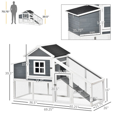 PawHut 69&quot; Chicken Coop, Includes Connecting Ramp and an Easy-Clean Tray White 842525149600