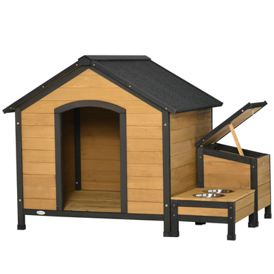 Wooden Dog House Outdoor Cabin Style, w/ Weather Resistant Roof, 2 Bowls