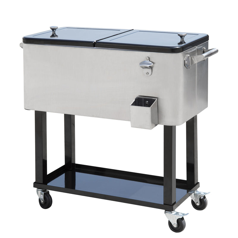 80qt Patio Portable Rolling Cooler Cart Stainless Steel Outdoor Ice Beer Chest