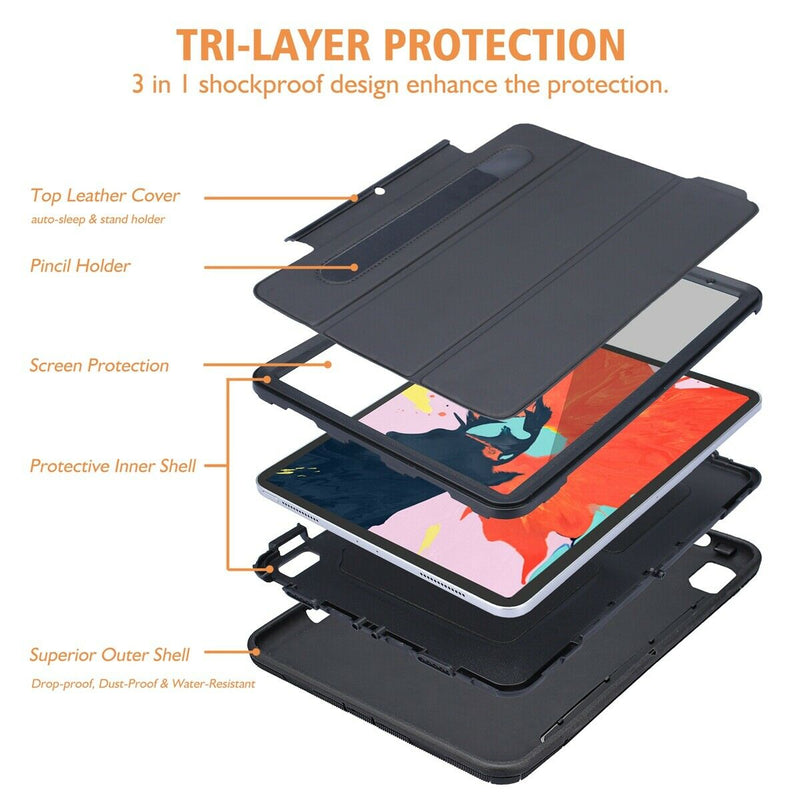 Rugged Protective Trifold Stand Case w/ Pencil Holder for iPad 7th 10.2" 2019