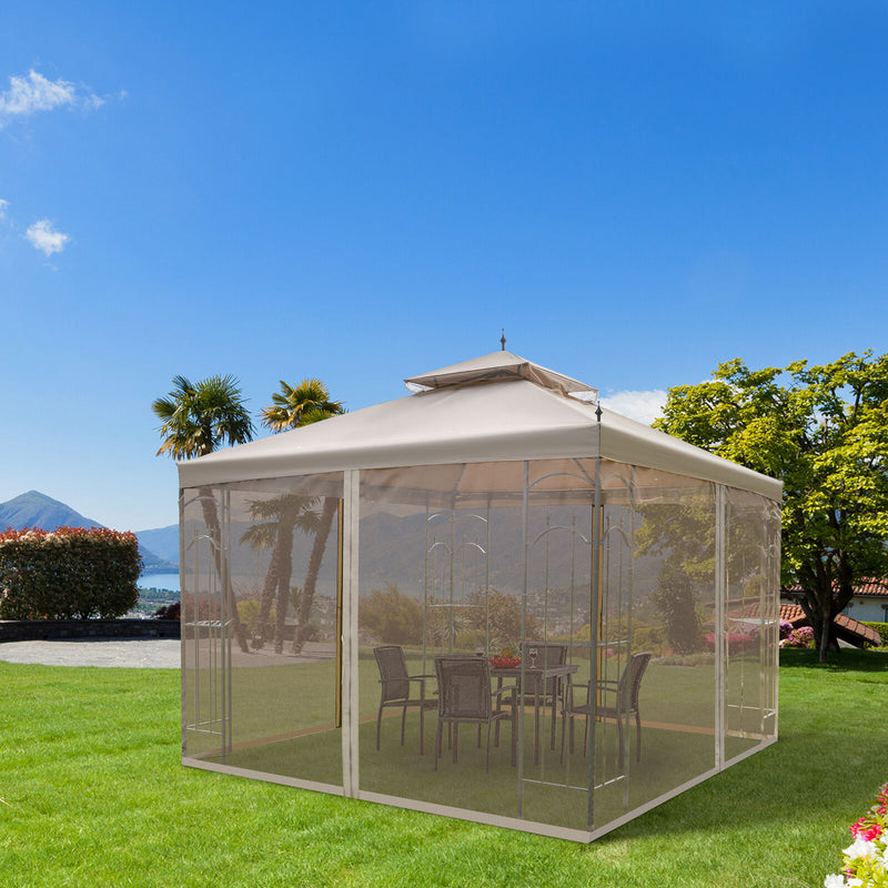 Gazebo 10&apos; x 10&apos; Steel Outdoor Garden Gazebo with Mesh Curtains - Brown