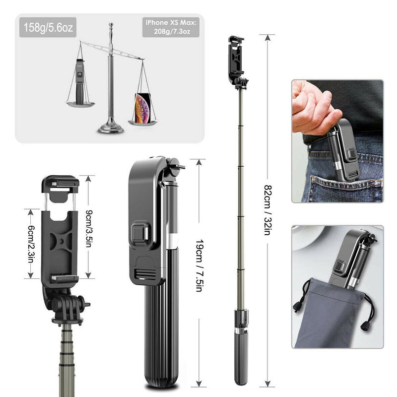 All-in-One Design Aluminum 32" Extendable Selfie Stick Tripod w/ Wireless Remote