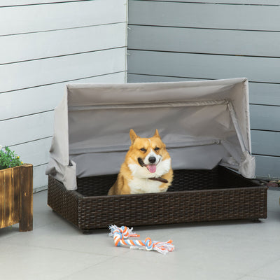 Wicker Dog House, Elevated Pet Sofa, w/ Washable Cushion, Foldable Roof ,Coffee 196393257395