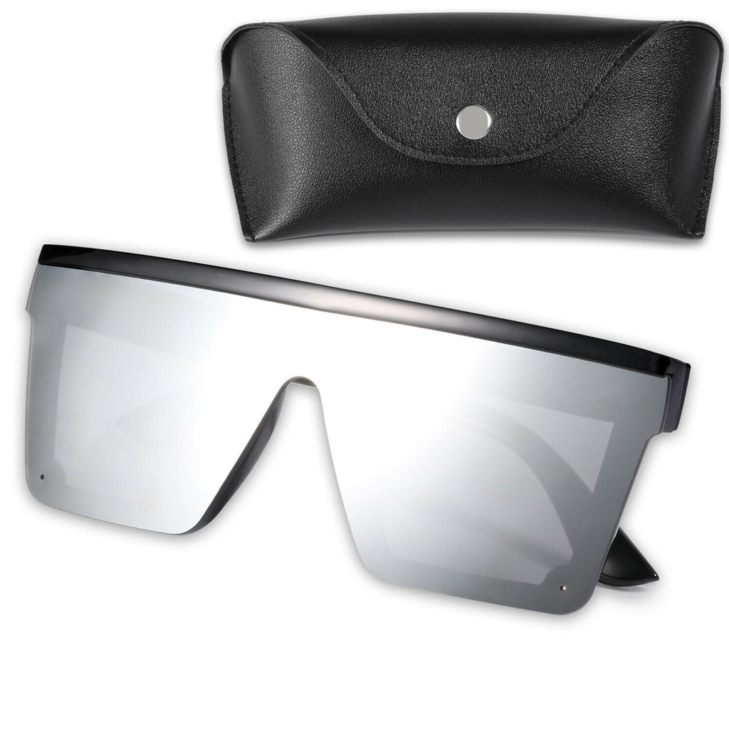 Fashion Oversized Flat Top Shield Sunglasses Square Rimless with HD Lenses&  Case