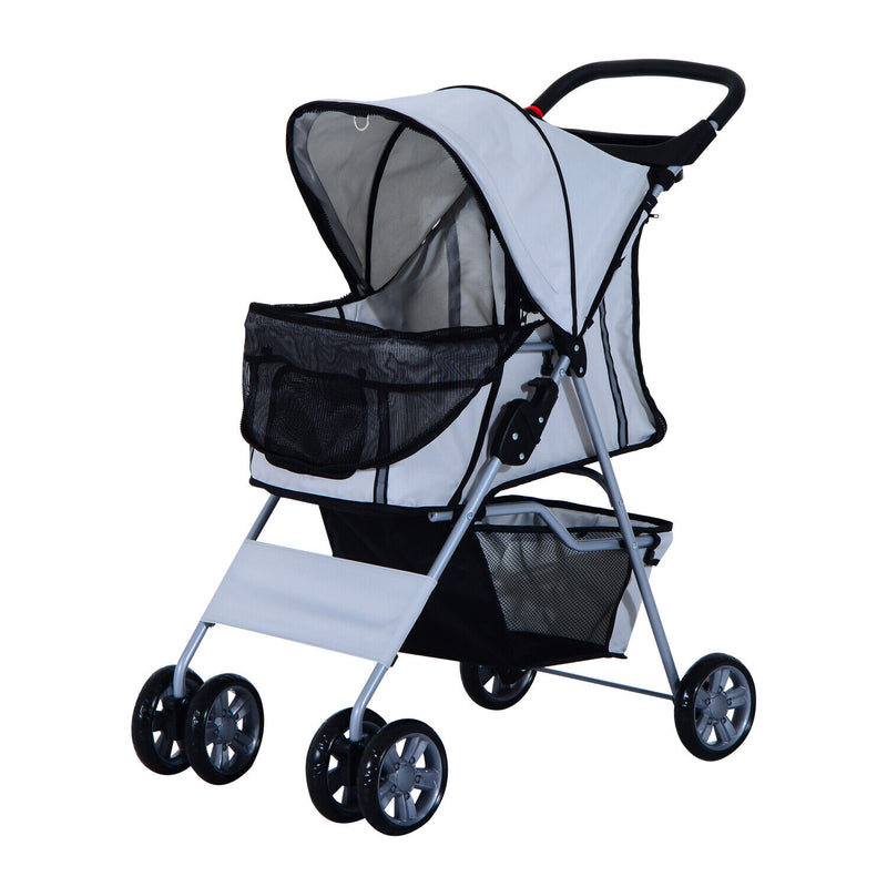 4 Wheel Pet Stroller Cat Dog Jogger Folding Sunshade Canopy Grey