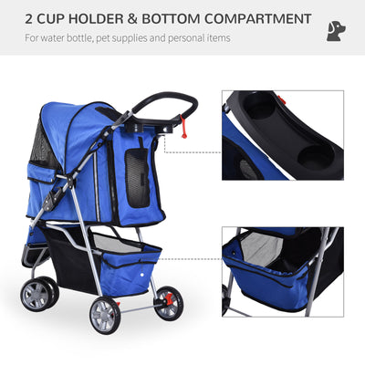 3 Wheels Folding Dog Pet Stroller Travel Carrier W/ Brake & Canopy