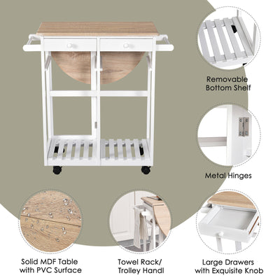 HOMCOM 3PCS Kitchen Trolley Island Set with Wheels 2 Barstool Chairs Drop Leaf