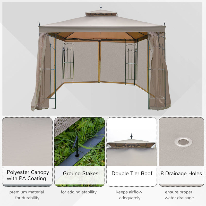 Gazebo 10&apos; x 10&apos; Steel Outdoor Garden Gazebo with Mesh Curtains - Brown