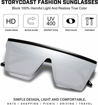 Fashion Oversized Flat Top Shield Sunglasses Square Rimless with HD Lenses& Case