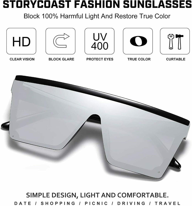 Fashion Oversized Flat Top Shield Sunglasses Square Rimless with HD Lenses& Case