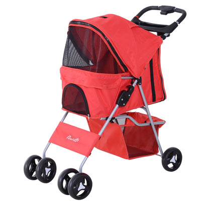 Cat Dog Carrier Cart Foldable Cup Holder with 4 Wheels Storage Basket, Red