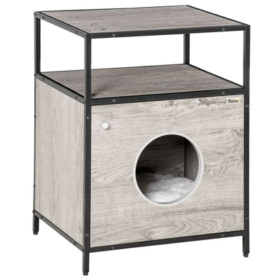 Wooden Cat House Kitty Shelter Bed with Washable Cushion and Shelf, Grey