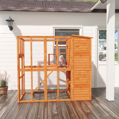 Wooden Cat Home Enclosure Pet House Shelter Cage Outdoor Play Area Run, Natural 712190176617