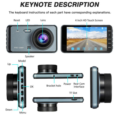 Wide Angle HDR with 4.0" LCD Display Night Vision Dash Cam Front and Rear 1296P