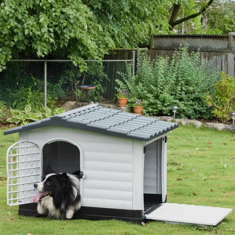 Dog Kennel House Puppy Indoor & Outdoor Pet Shelter With Raised Base Grey