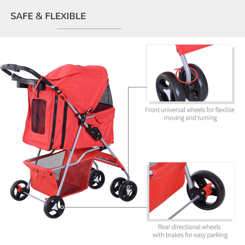 Cat Dog Carrier Cart Foldable Cup Holder with 4 Wheels Storage Basket, Red
