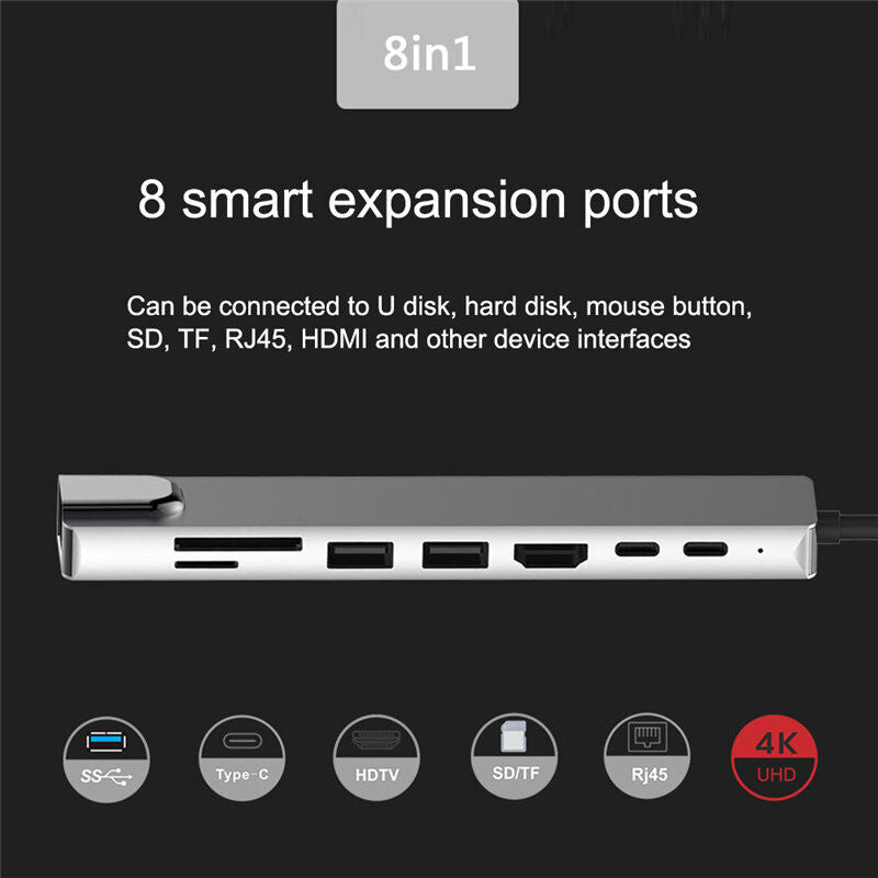 3/5/6/7/8in 1 Type C Hub to USB 3.0 HDMI PD Adapter Docking Station for MacBook