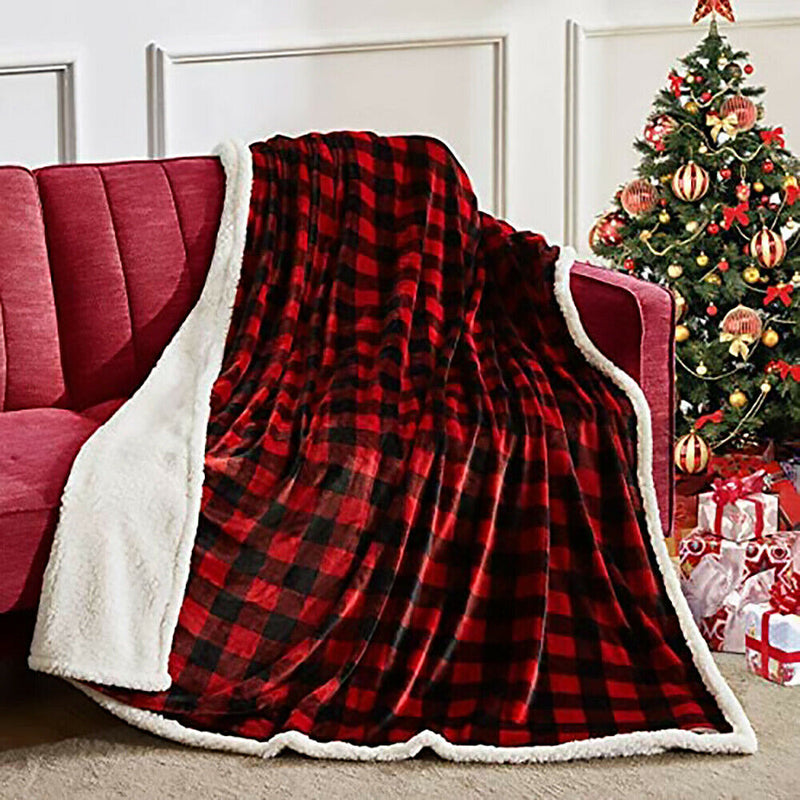 Classical Design Plaid Reversible Sherpa Fleece Blanket Throw for Cold Weather