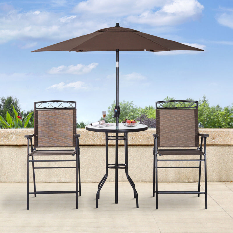 4pc Outdoor Patio Dining Set Furniture, 2 Folding Chairs, Table, Umbrella, Brown