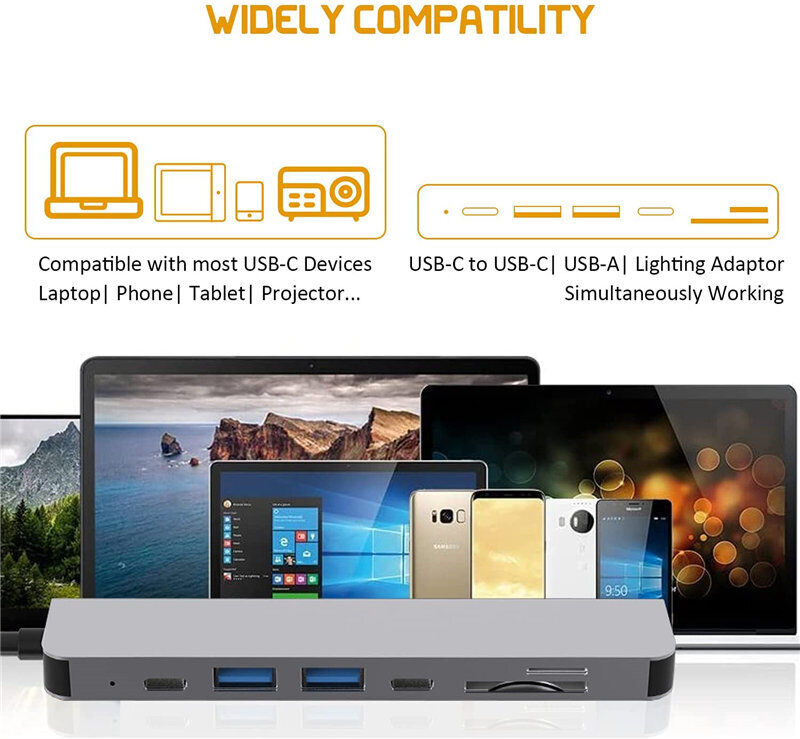 3/5/6/7/8in 1 Type C Hub to USB 3.0 HDMI PD Adapter Docking Station for MacBook